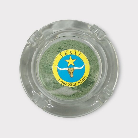 Texas Lone Star State Glass Ashtray Round 4 Slot Longhorn Souvenir Yellow Blue - Picture 1 of 11